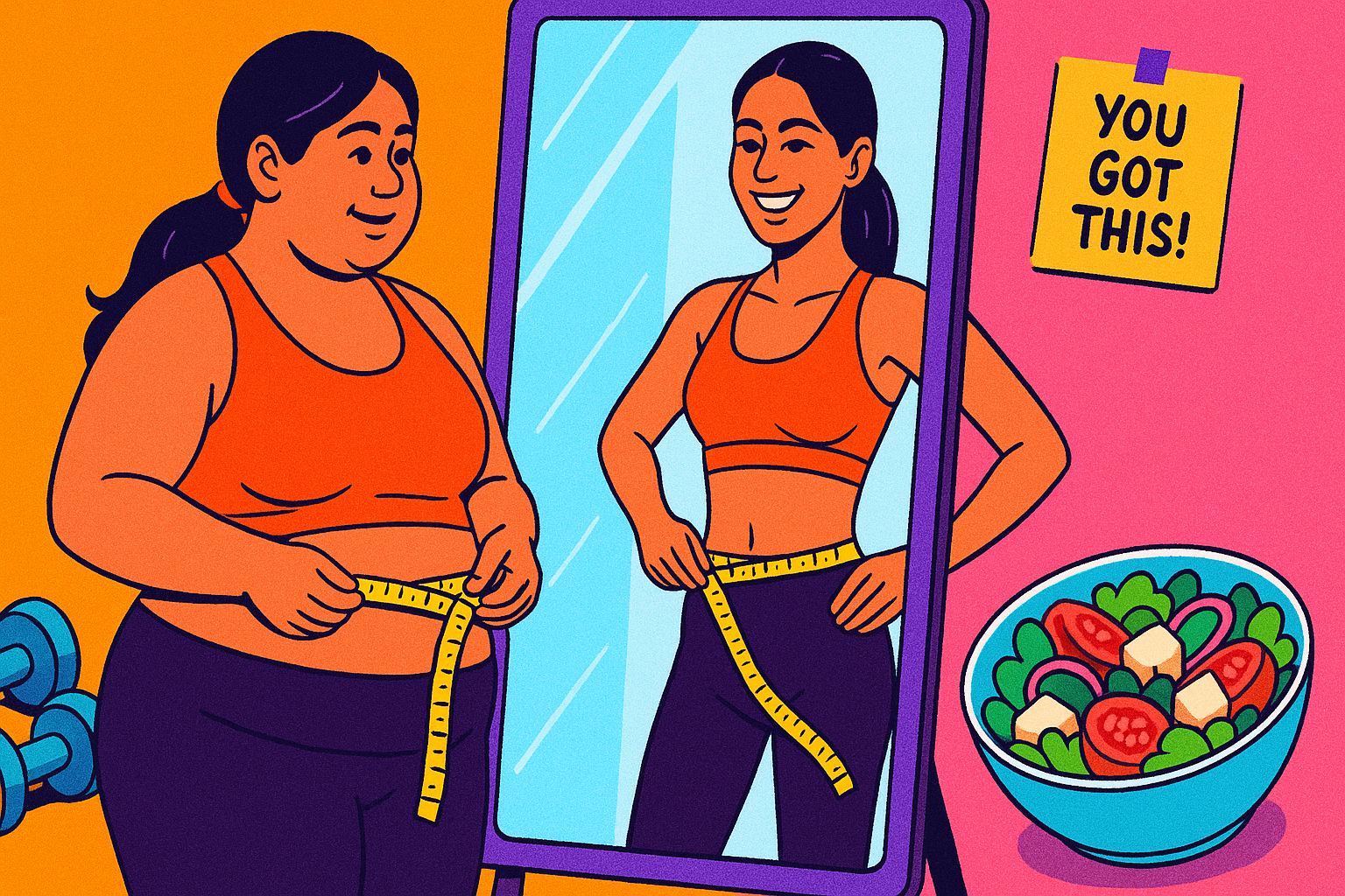 "Indian woman smiling in front of a mirror, showing weight loss transformation with measuring tape around waist, healthy lifestyle elements like salad and dumbbells in background, with Marathi text 'आजपासून सुरुवात!' symbolizing motivation and fitness journey."